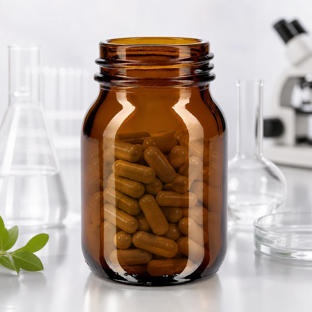 Bernsteinfarbene Weithalsflasche 75ml aus robustem Glas mit standardisierter Mündung