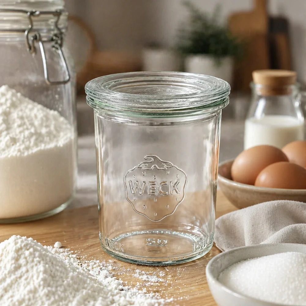 160ml zavařovací sklenice se skleněným víčkem WECK RR60 WECK Sturzglas 160ml RR60 leer in rustikaler Küche mit Mehl, Eiern und Milch für Einmachen und Vorratshaltung
