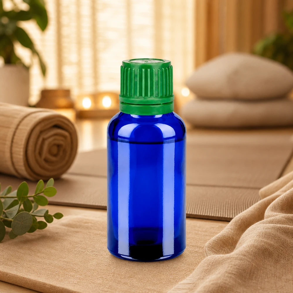30ml láhev 11mm šroubovací uzávěr zelený uzávěr BlueLine UT18/30. Vielseitige 30ml Flasche mit SV Verschluss optimal für Reise und mobile Anwendungen geeignet