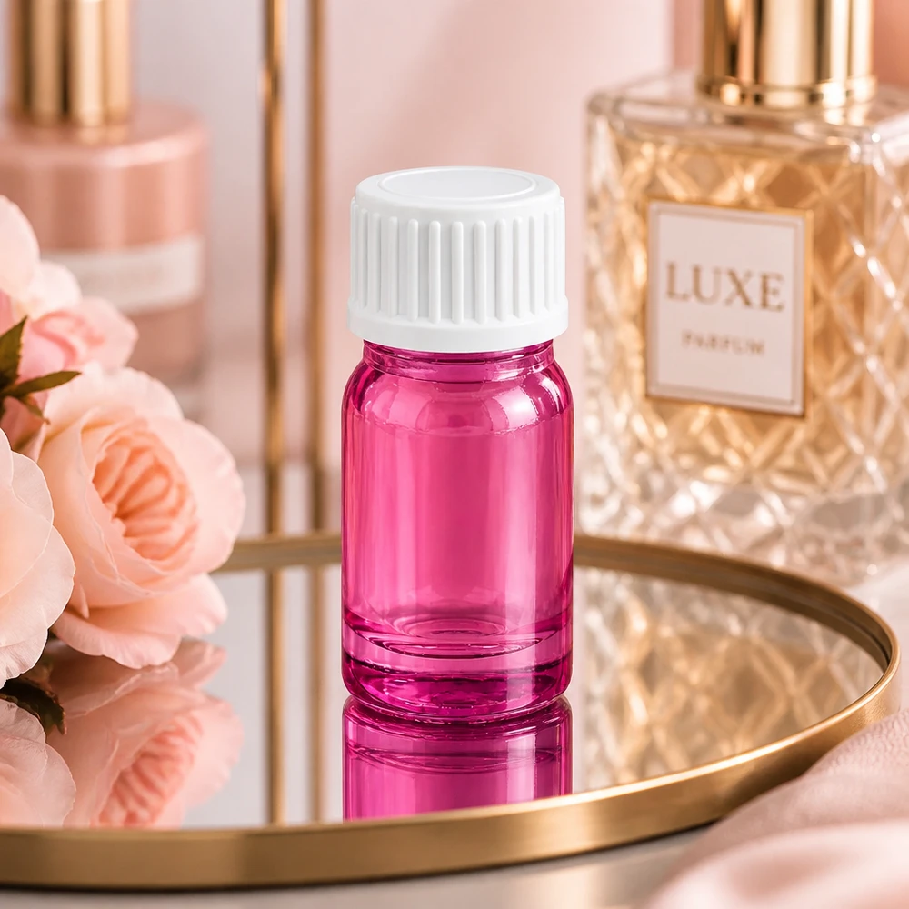 Elegante 5ml Glasflasche in Pink mit weißer Kappe perfekt für Beauty-Samples und Testgrößen