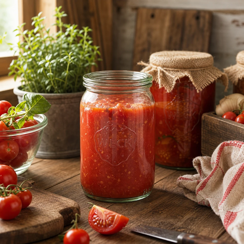 WECK Einmachglas 145ml gefüllt mit Tomatensoße in rustikaler Küche mit frischen Tomaten und Kräutern