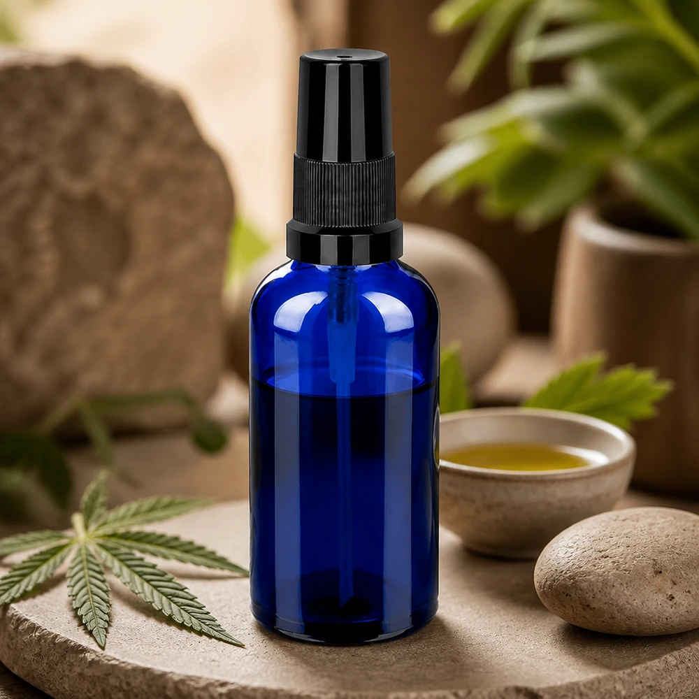 Kompakte STD BlueLine Sprayflasche 50ml mit schwarzem Sprühkopf für mobile Anwendungen unterwegs
