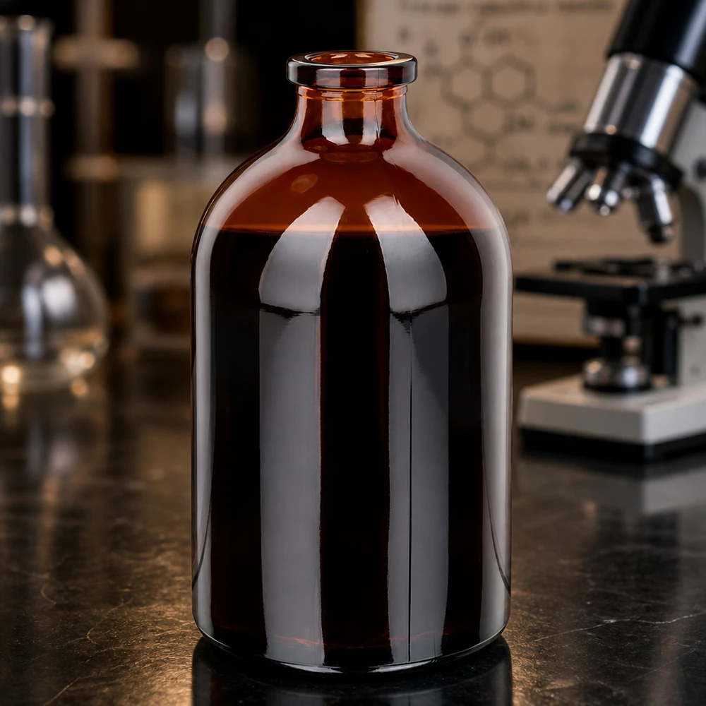 Injekční lahvička z jantarového skla 100ml Hochwertige Braunglas Injektionsflasche 100ml mit glänzender Oberfläche auf schwarzer Laborplatte