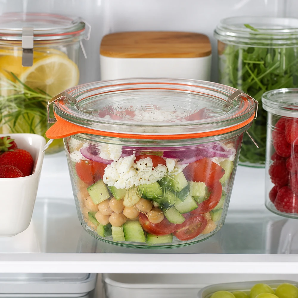 Kompletní 370ml sklenice se svěžestí WECK RR100 WECK Sturzglas 370ml RR100 im Kühlschrank mit frischem Salat gefüllt zeigt ideale Aufbewahrung von Meal Prep