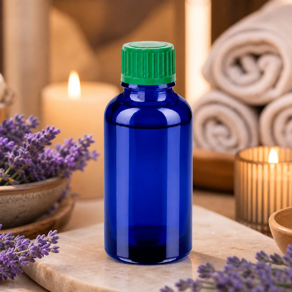 Robuste 30ml Tropfflasche aus UV-Schutzglas mit ergonomischem grünem Verschluss
