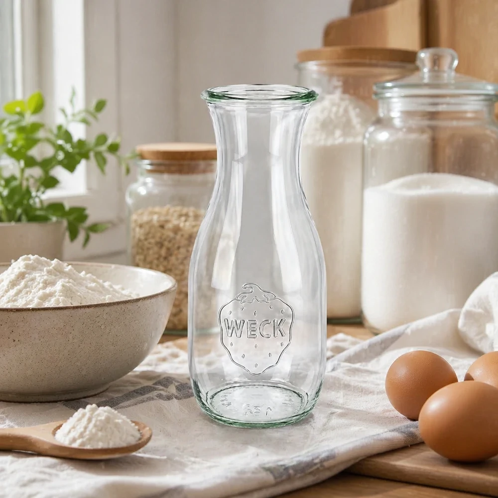 WECK Saftflasche 530ml RR60 leer in natürlicher Küchenszene mit Eiern Mehl und Vorratsgläsern für Backen kochen