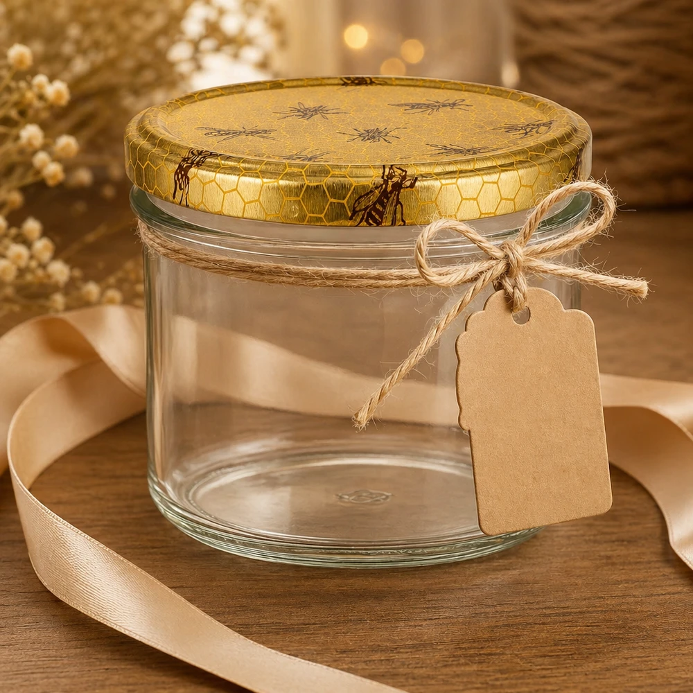 250g Honigglas leer mit Bienenwaben-Deckel Geschenkanhänger Juteschnur und Schleifenband Dekoration