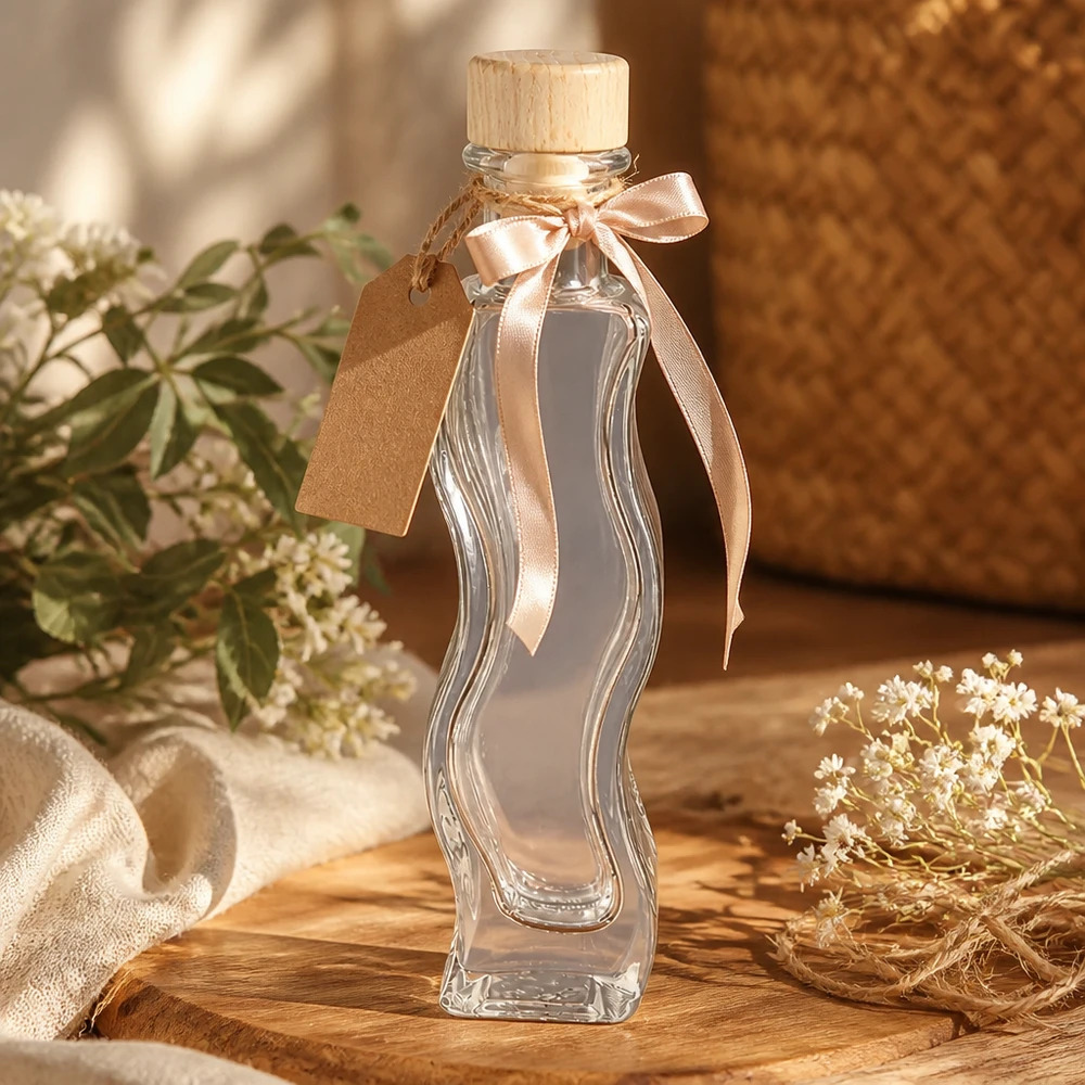 100ml Glasflasche Melissa als Geschenk dekoriert mit rosa Schleife Kraftpapier-Anhänger Holzkorken natürliche Deko