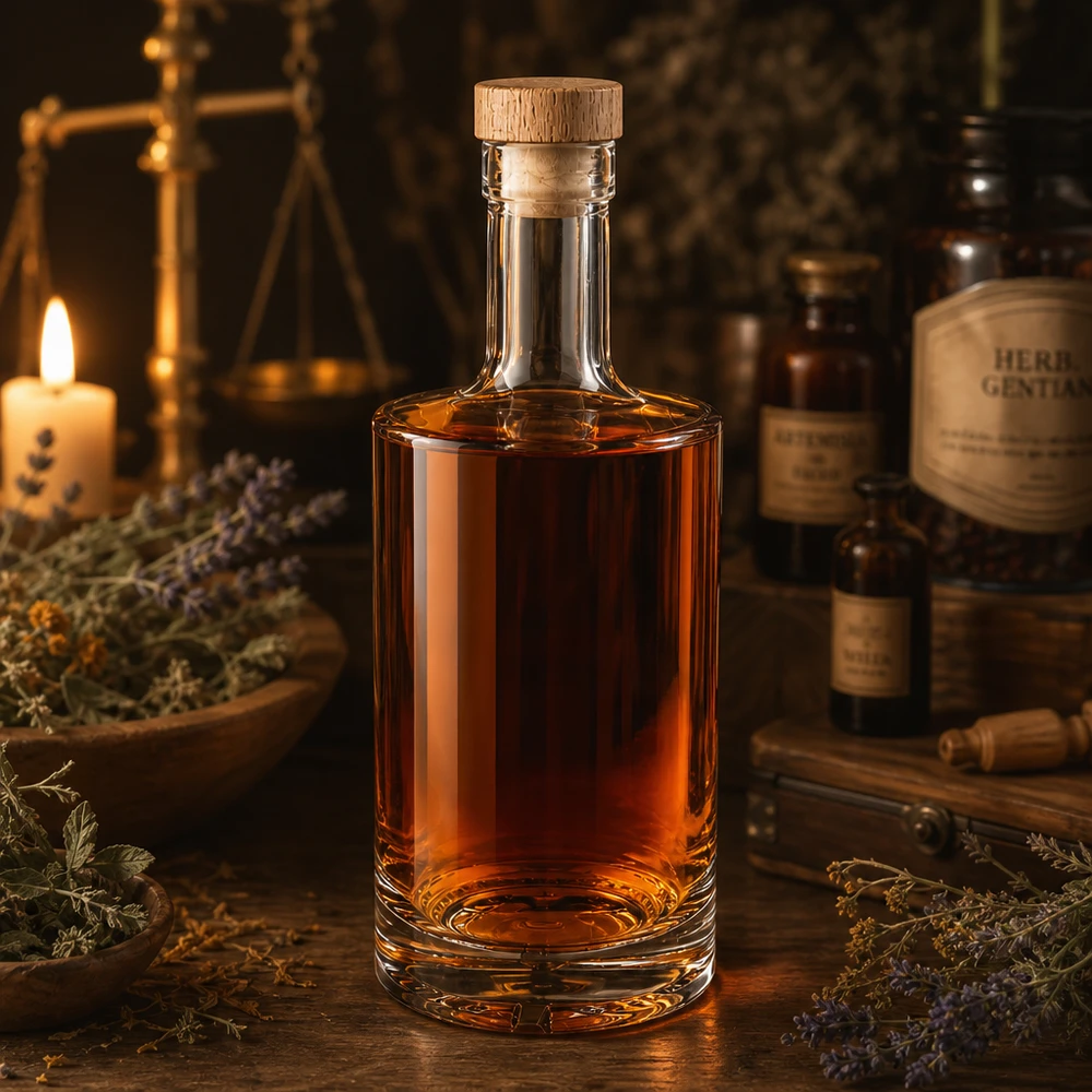 500ml Glasflasche Nora mit Kräuterlikör bernsteinfarben Holzkorken UNiTWIST Apotheker-Ambiente Lavendel Kerze