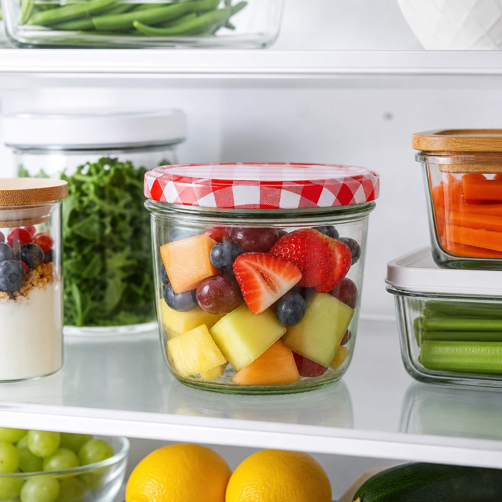 230ml kelímky + víčko BasicSeal červené/bílé UNiTWIST. 230ml Sturzglas mit BasicSeal Deckel rot-weiß kariert als Obstsalat-Behälter im Kühlschrank zur Meal Prep