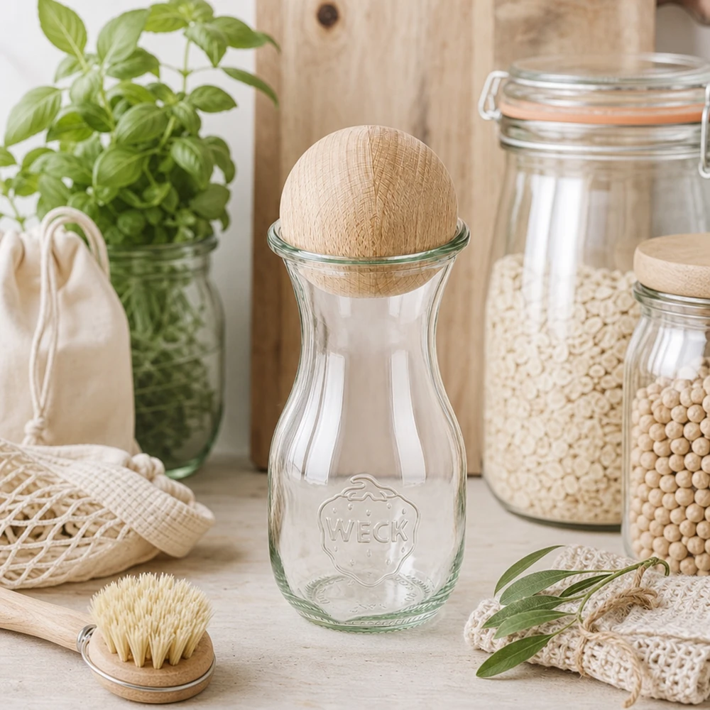 290ml láhev na džus WECK RR60 s dřevěnou kuličkou buk WECK Saftflasche 290ml RR60 mit Holzkugel in nachhaltiger Zero-Waste Küche zwischen Vorratsgläsern und Naturmaterialien