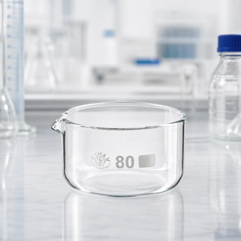 150ml krystalizační miska s výlevkou borosilikátová ø80mm Niedrige Glasschale 150ml mit Ausguss für Verdampfung und Kristallisation im Labor ø80mm