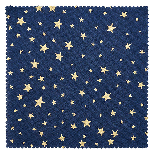 Látkový ubrousek na šperky modrý "hvězdy" 12cm čtvercový Detailansicht blaues Stoffdeckchen mit goldenen Sternen verschiedener Größen, eckiger Zuschnitt 12cm