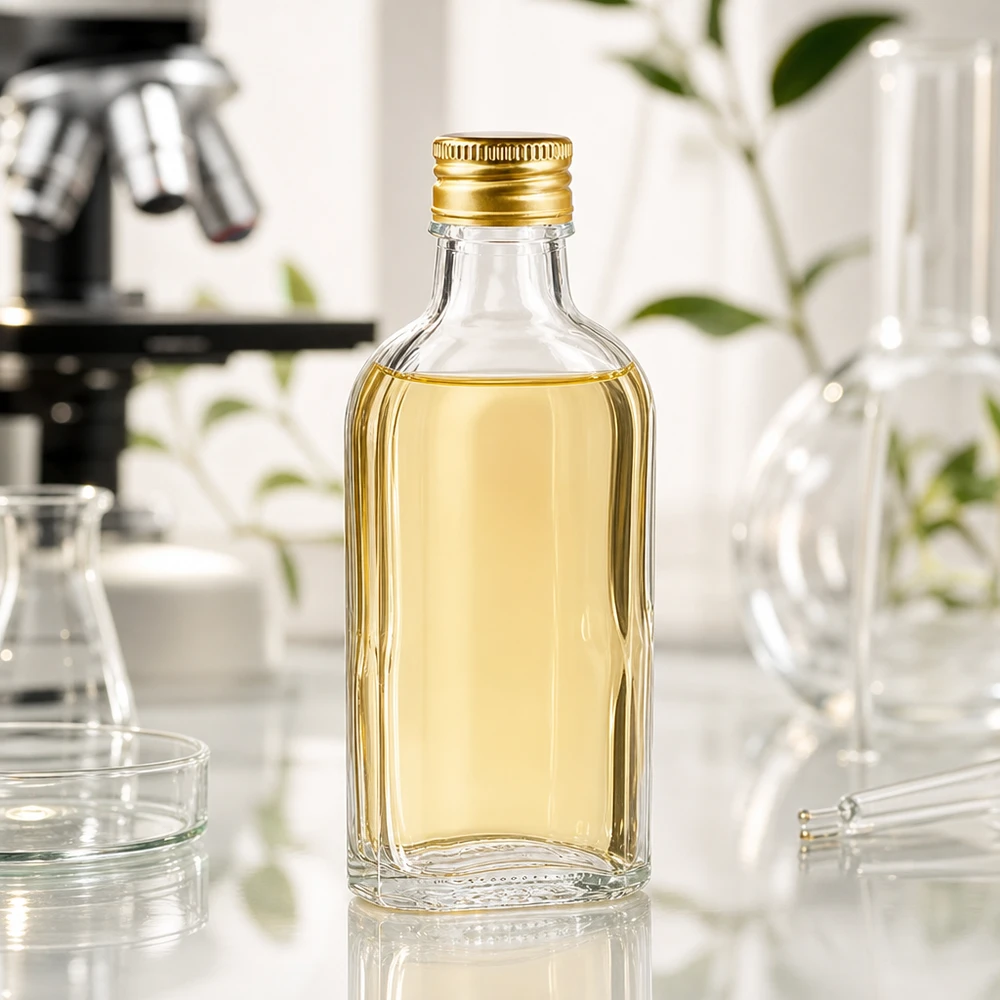 Kleine flache 100ml Glasflasche mit PP22 Golddeckel für Naturkosmetik und Pflegeprodukte