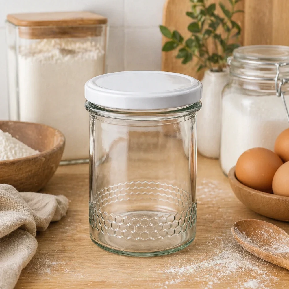 560g Honigglas + BasicSeal Deckel weiß UNiTWIST 400ml Honigglas mit Wabenmuster in Küche neben Eiern Mehl und Vorratsgläsern natürliche Küchenausstattung BasicSeal