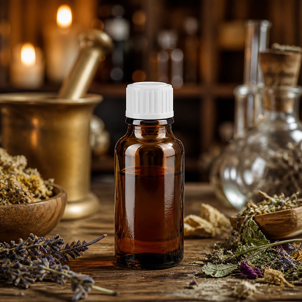 Lékárenská láhev hnědá 20ml šroubovací uzávěr bílý standardní Braune Apothekerglasflasche 20ml mit weißem Verschluss für Kräuteressenzen und Tinkturen