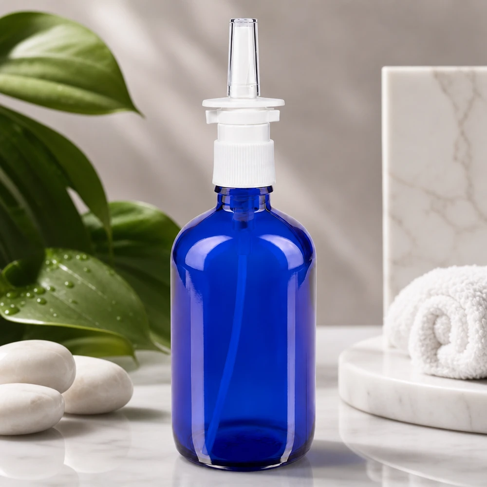 Lékárenská lahvička modrá 100ml nosní rozprašovač bílý standard. Hochwertige 100ml Apothekerglasnasensprayflasche in Kobaltblau mit weißem Dosierkopf