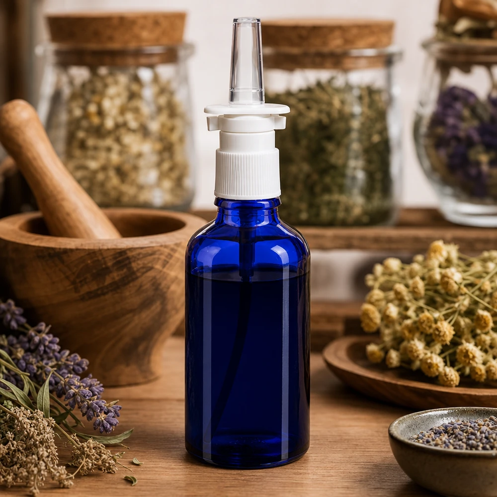 50ml Nasenspray-Behälter aus Schutzglas in Blau mit ergonomischem Pumpverschluss