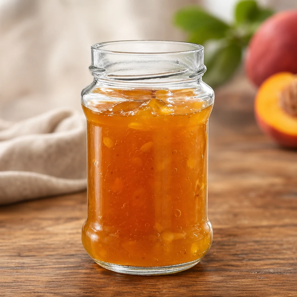 Kulatá sklenice bez víčka o objemu 390 ml (TO66deep) UNiTWIST UNiTWIST Runda390 Rundglas 390ml TO66deep mit Pfirsichmarmelade auf Holztisch neben frischen Pfirsichen