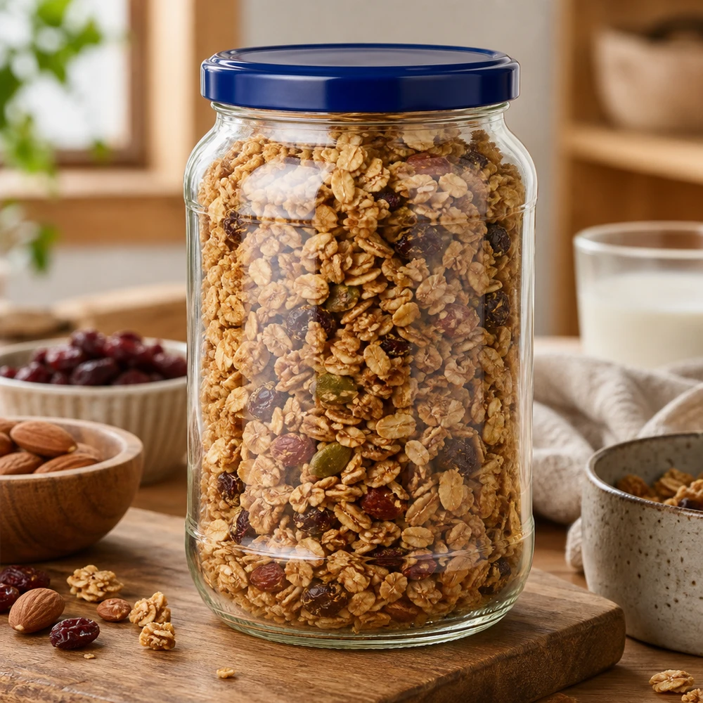 1062ml kulatá sklenice + víčko BasicSeal modré UNiTWIST 1062ml Rundglas UNiTWIST blauer Deckel mit Müsli Nüssen Trockenfrüchten Vorratsglas Küche Holzbrett