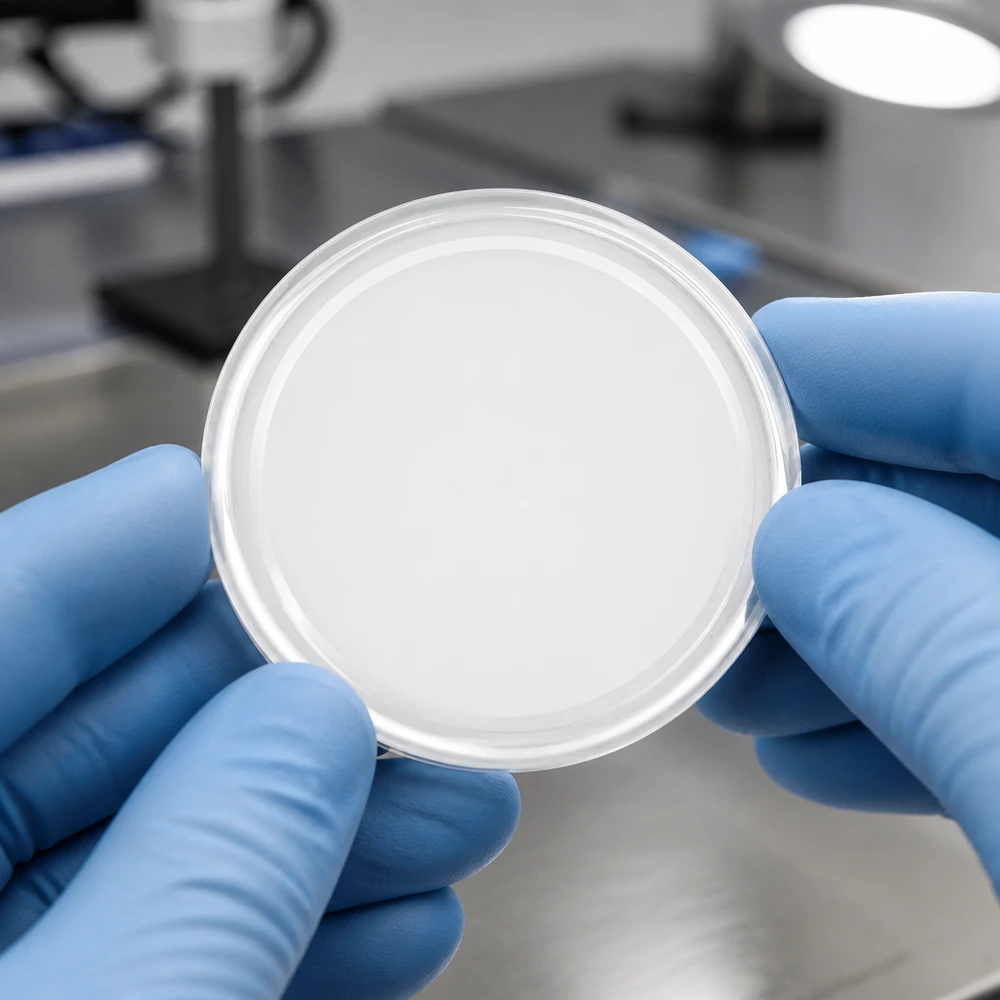 58mm víko BasicSeal bílé (TO58) UNiTWIST Laboratorní pohled na bílé víčko BasicSeal TO58 UniTwist o průměru 58 mm, které drží modrá ochranná rukavice