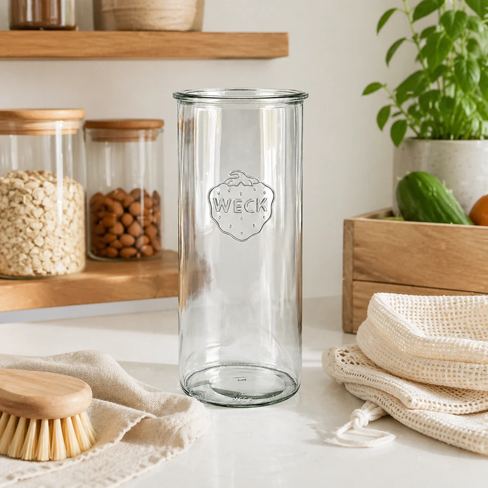 1500ml zavařovací sklenice WECK RR100 s dřevěným dřevem - 1500ml zavařovací sklenice s dřevěným dřevem 1500ml WECK Sturzglas RR100 Einmachglas aus Glas in moderner Küche mit Holzregalen und nachhaltigen Produkten