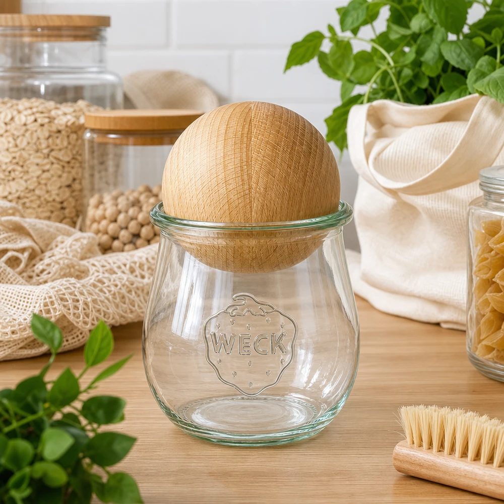 220ml tulipánová sklenice WECK RR60 s dřevěnou kuličkou buk WECK Tulpenglas RR60 220ml mit Buchenholzkugel in nachhaltiger Zero-Waste Küche neben Naturfasern und Kräutern