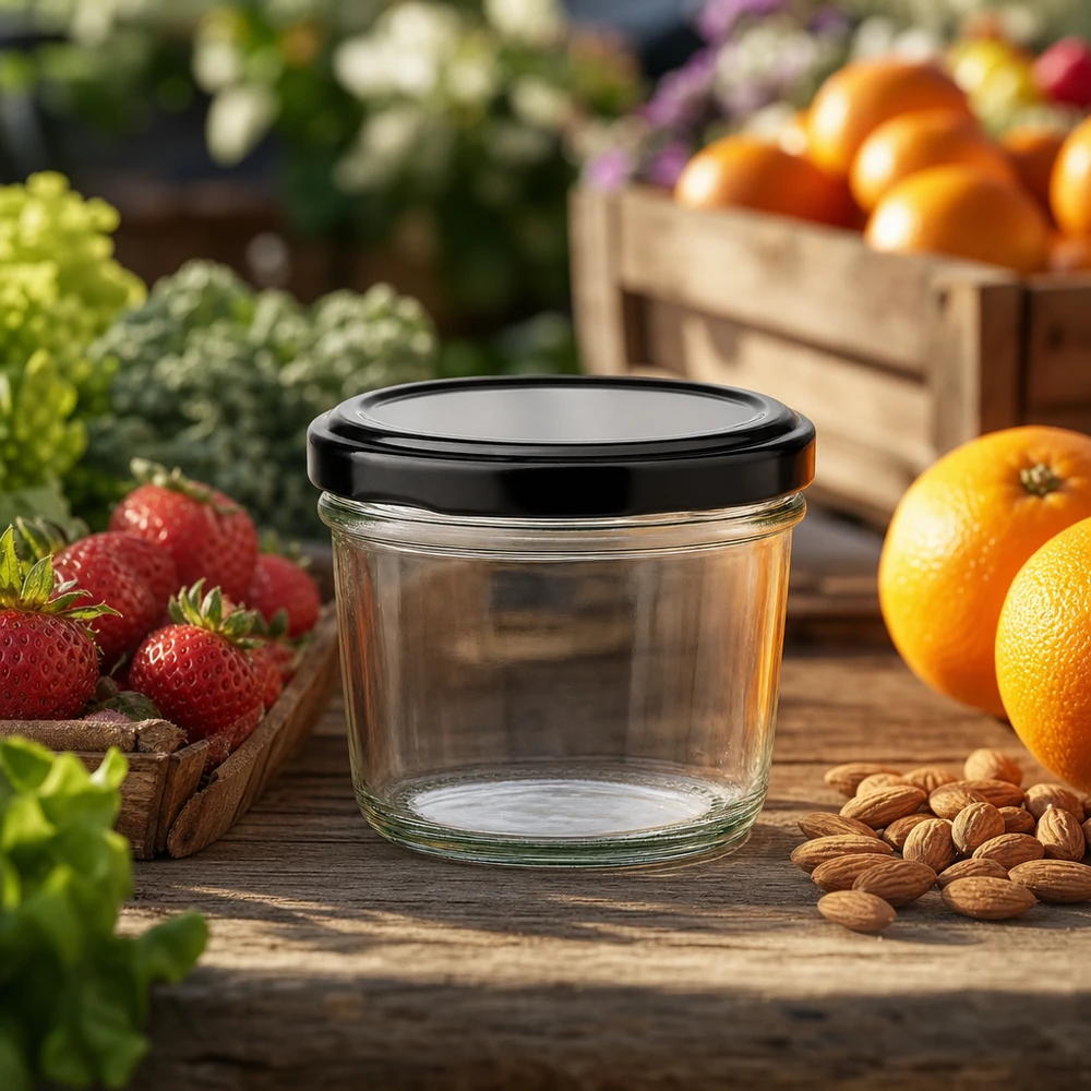 230ml tumblery s víčkem BasicSeal černé UNiTWIST. 230ml Sturzglas leer mit schwarzem Deckel zwischen frischen Früchten und Nüssen zeigt natürliche Einsatzmöglichkeiten