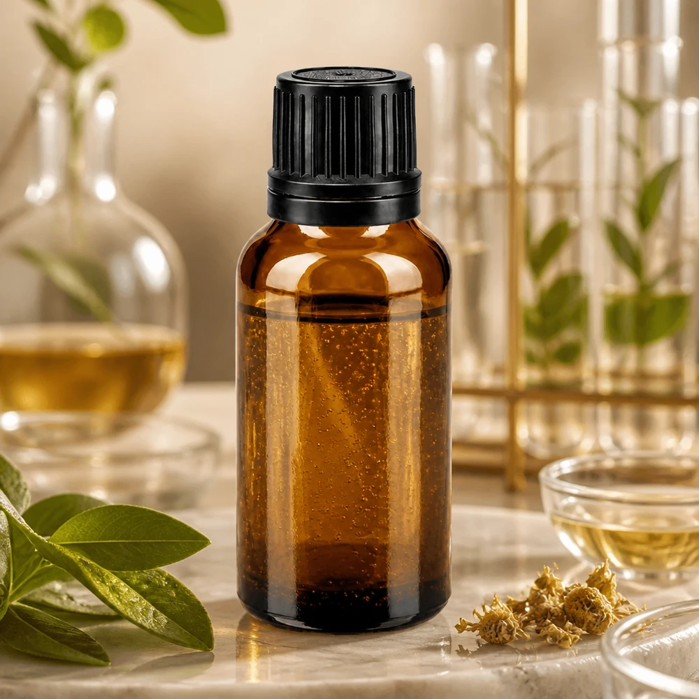 Kompakte 20ml Phiole aus braunem Apothekerglas mit schwarzem Originalverschluss 8mm Öffnung
