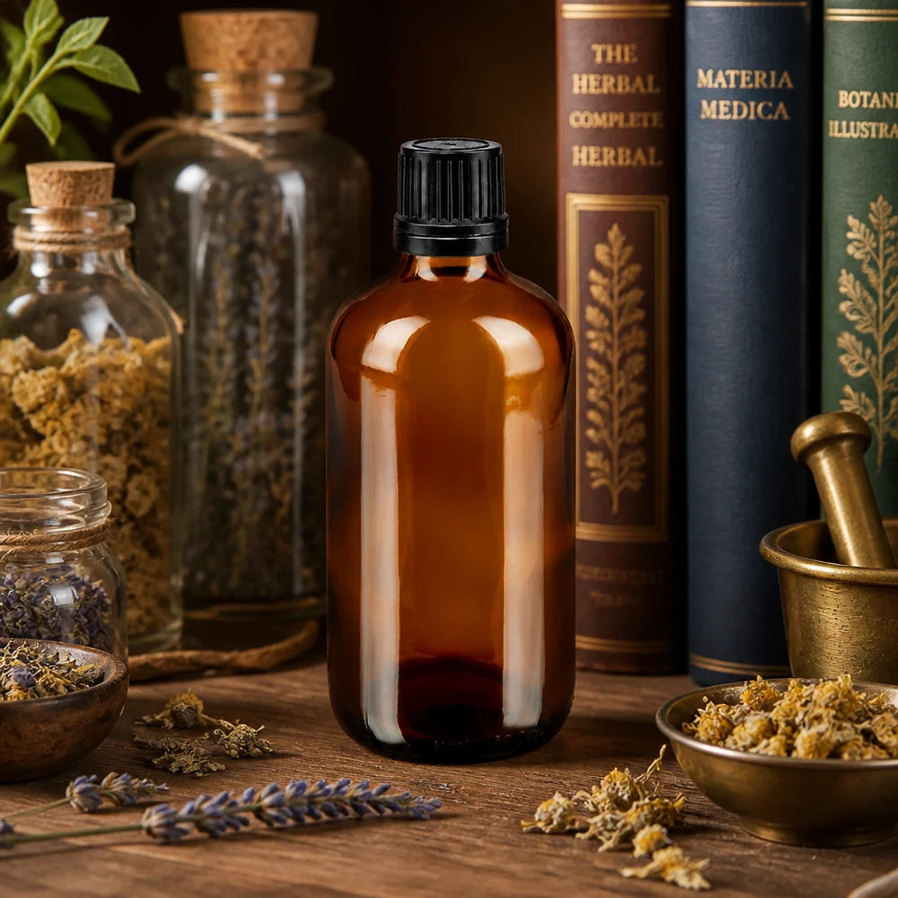 Lichtschützende 100ml Braunglasflasche mit Tropfeinsatz für ätherische Öle und Tinkturen