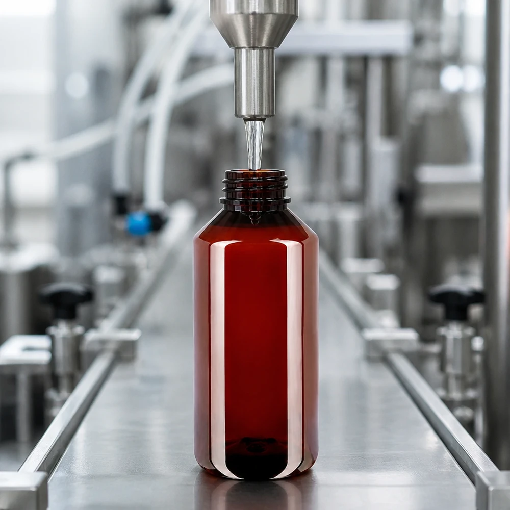 Plnění hnědých PET lahví o objemu 1000 ml s bílým vnějším obalem na průmyslový dopravní pás