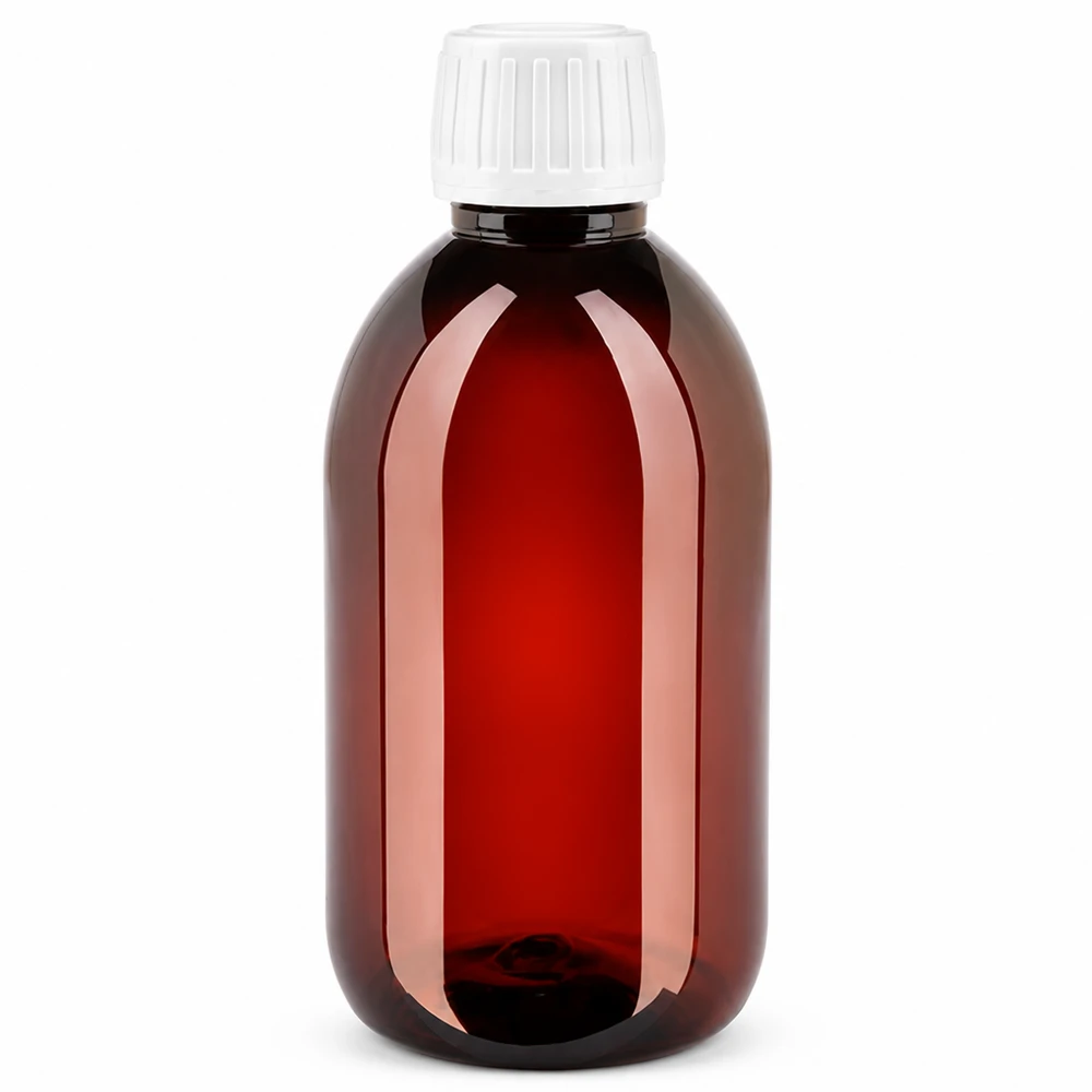 Hnědá PET láhev o objemu 250 ml s bílým bezpečnostním uzávěrem pro farmaceutický a kosmetický průmysl