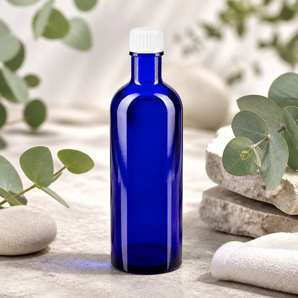 Lékárenská láhev modrá 200ml šroubovací uzávěr bílý stř. UV-Schutz Glasflasche 200ml blau mit weißem Schraubverschluss für empfindliche Wirkstoffe
