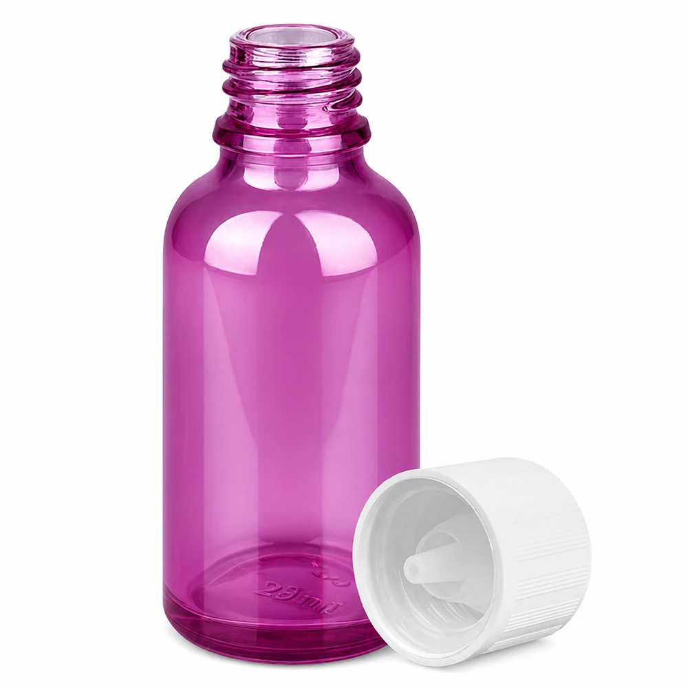 30ml lahvička s kapátkem 1,2 mm bílé standardní sklo odolné proti otevření dětmi PurpleLine.UT18/30 Kindersichere 30ml Tropfflasche in Purple für sichere Aufbewahrung von Tinkturen und Extrakten