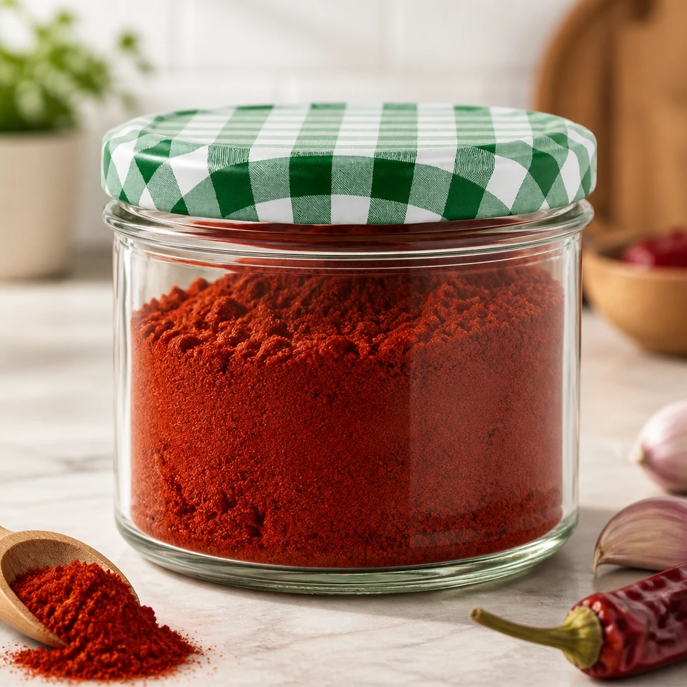 225ml kelímky + víčko BasicSeal zelená/bílá UNiTWIST. Sturzglas 225ml befüllt mit rotem Paprikapulver zeigt praktische Küchenaufbewahrung mit BasicSeal Deckel