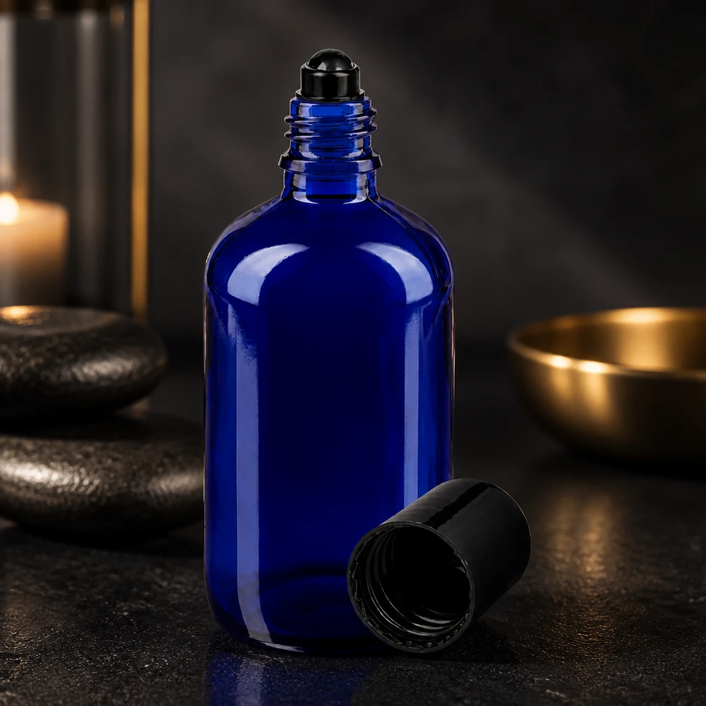 Lékárenská láhev modrá 100ml roll-on uzávěr černý Professionelle 100ml Roll-On Flasche in Blau für Kosmetik und Aromatherapie