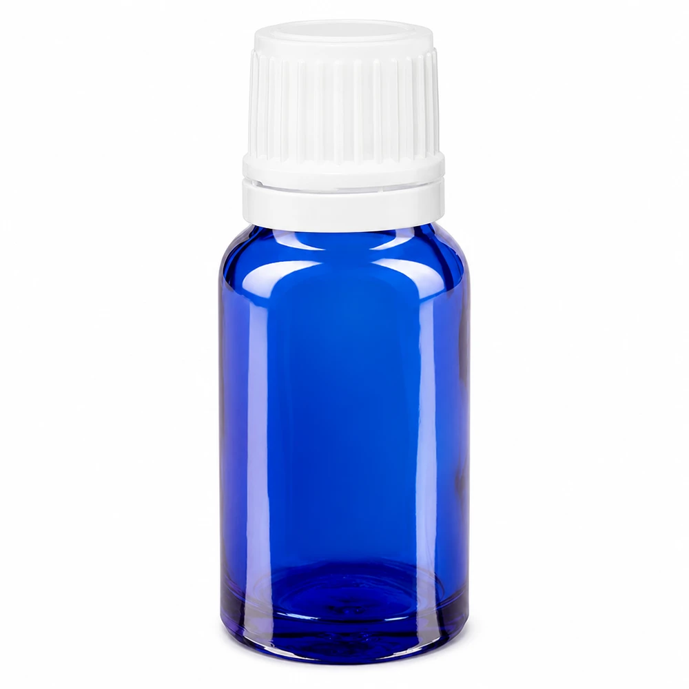 Lékárenská lahvička modrá 10ml kapací uzávěr 1,2mm bílý uzávěr s pojistkou proti manipulaci. Pharmaflasche 10ml in Blauglas mit OV und präzisem 0,7mm Tropfeinsatz in Weiß