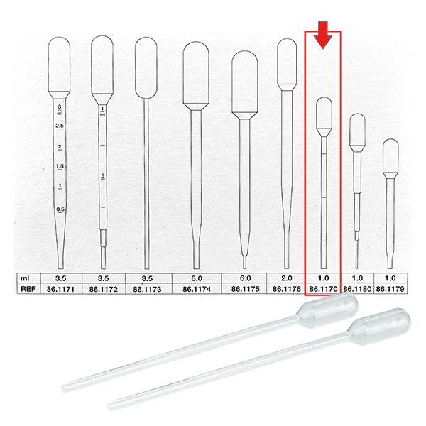 Přenosová pipeta o objemu 1 ml (115x10 mm) s dělením. Přenosová pipeta o objemu 1 ml (115x10 mm) s dělením.