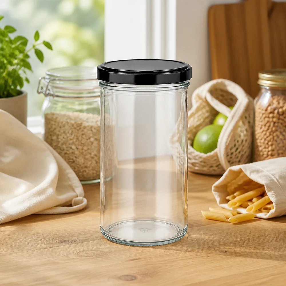 277ml kelímky s víčkem BasicSeal černé UNiTWIST 277ml Sturzglas mit schwarzem Deckel umgeben von nachhaltigen Vorratsbehältern und Zero-Waste-Produkten auf Küchenarbeit