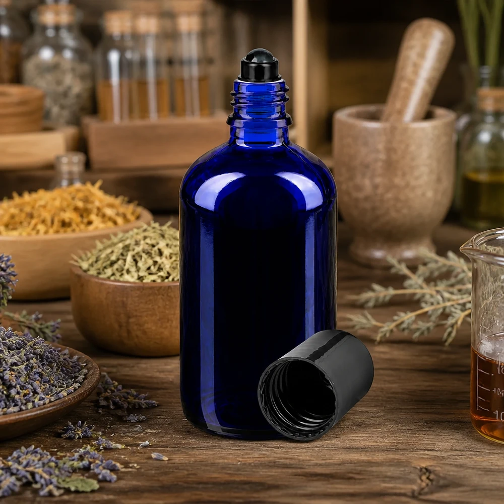 Lékárenská láhev modrá 100ml roll-on uzávěr černý 100ml blaue Apothekerflasche Roll-On vor Holzregalen mit Kräutern und Naturheilkunde Zubehör