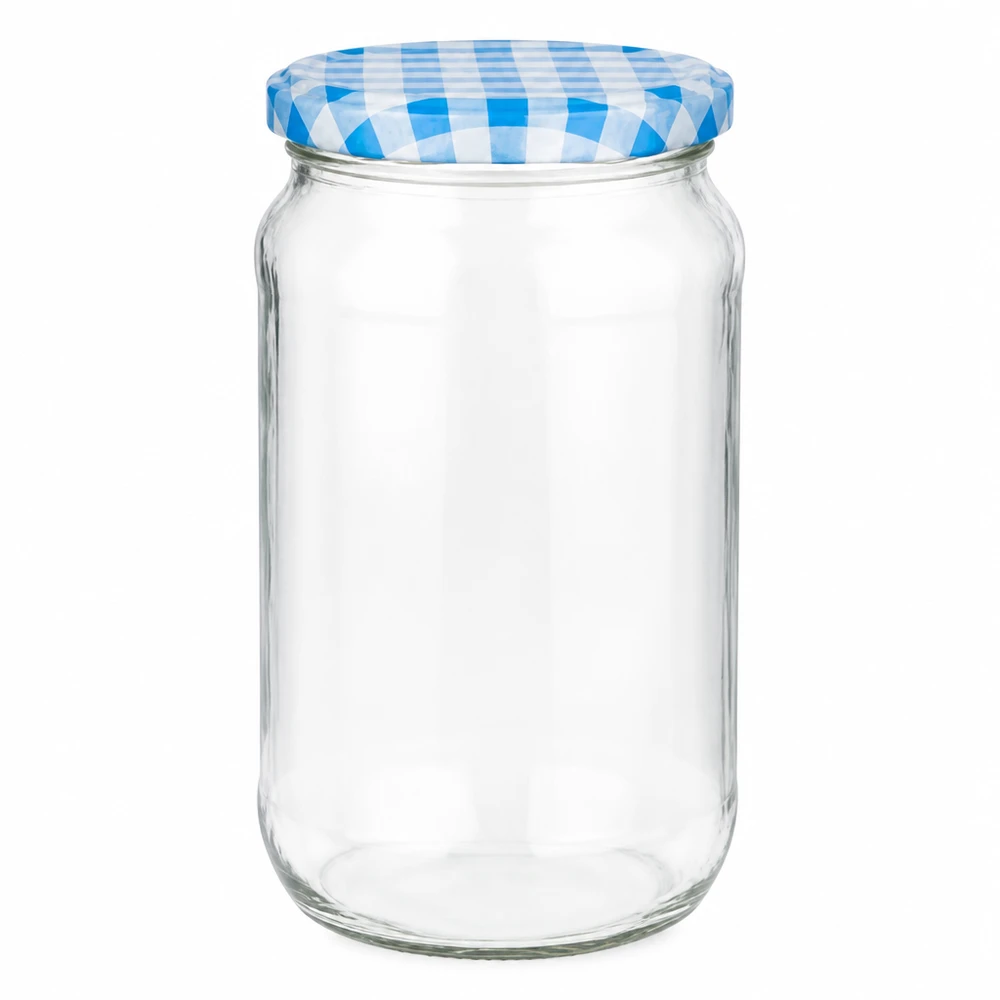 1062ml kulatá sklenice + víčko BasicSeal modré/bílé UNiTWIST 1062ml Rundglas mit blau-weiß kariertem BasicSeal Deckel, leeres Einmachglas für Konserven und Aufbewahrung