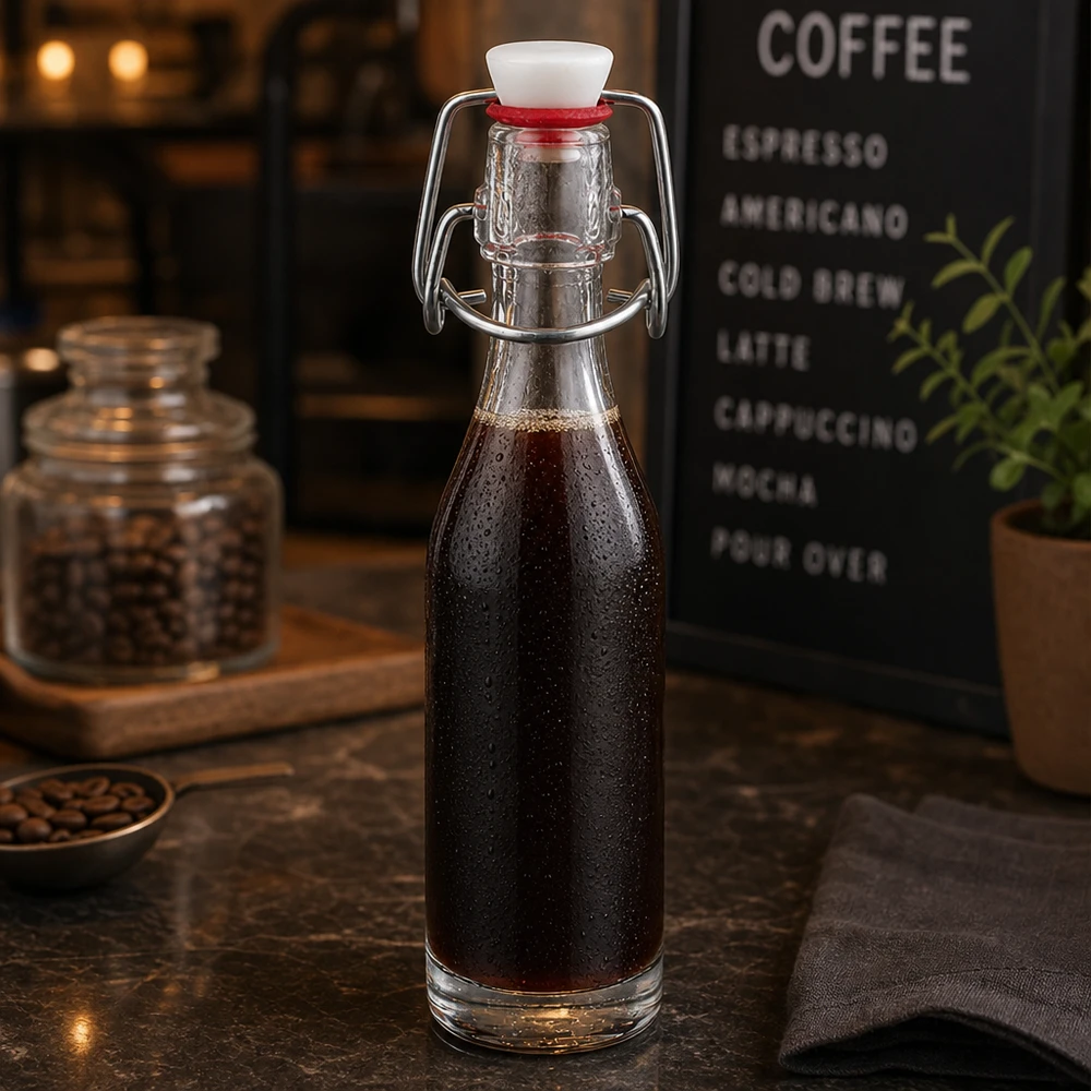 Skleněná láhev o objemu 50 ml + výkyvný vršek z PVC UNiTWIST. 50ml Glasflasche mit Bügelverschluss gefüllt mit Cold Brew Kaffee in stilvoller Café-Atmosphäre mit Kaffeebohnen
