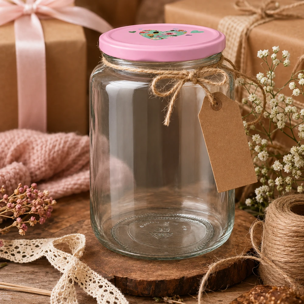 795ml kulatá sklenice + víčko BasicSeal srdíčková růžová UNiTWIST Dekoratives Rundglas 795ml mit rosa Herzdeckel als Geschenkidee rustikale Präsentation mit Anhänger und Juteschnur
