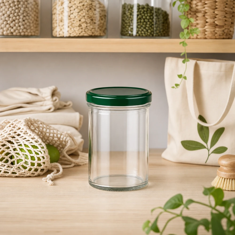 350ml tumblery + víčko BasicSeal zelené UNiTWIST 350ml Sturzglas UNiTWIST mit grünem Deckel in nachhaltiger Zero-Waste Küche mit Öko-Produkten und Pflanzen