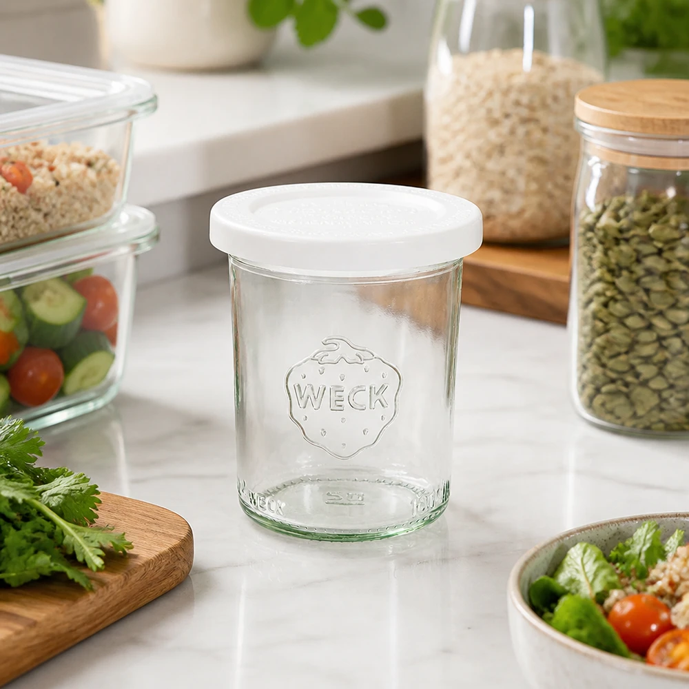 Zavařovací sklenice o objemu 160 ml s víčkem pro zachování čerstvosti WECK RR60. WECK 160ml Sturzglas RR60 in moderner Küche mit Vorratsgläsern, Salat und frischen Kräutern - vielseitige Aufbewahrung