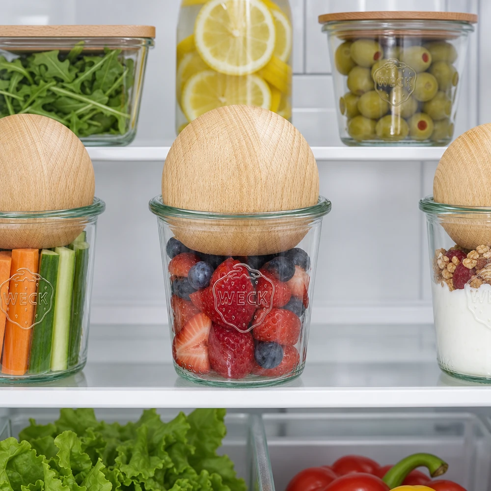 290ml vysoká skleněná nádoba WECK RR80 s dřevěnou kuličkou buk. WECK Gläser 290ml RR80 mit Buchenkugeln im Kühlschrank zur Lebensmittel-Aufbewahrung von Beeren und Gemüse