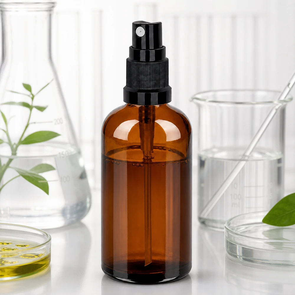 100ml láhev s rozprašovačem černá standardní uzávěr BrownLine UT18/100 Premium 100ml Glassprühflasche in Bernsteinfarbe mit ergonomischem schwarzem Zerstäuber