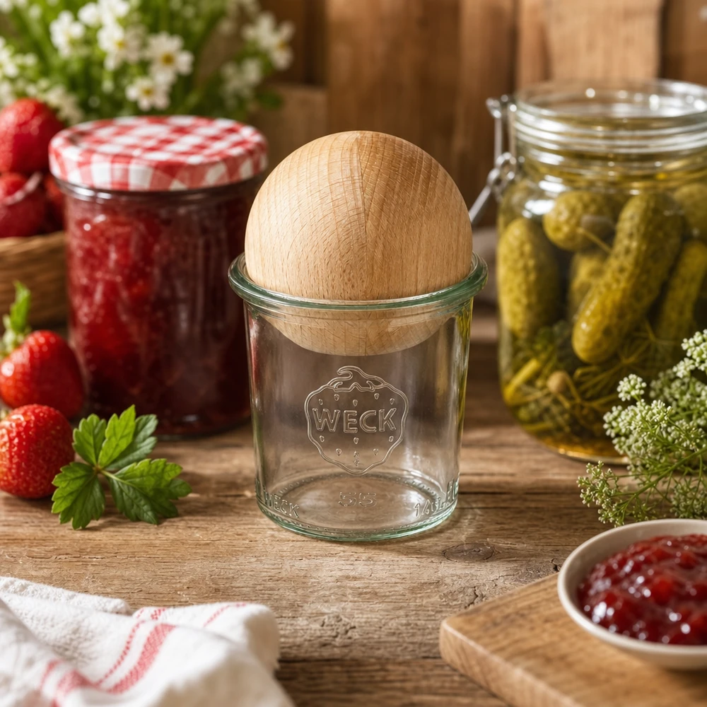 WECK Glas 140ml RR60 in rustikaler Küche mit Marmelade und eingelegten Gurken, Holzdeckel aus Buche sichtbar
