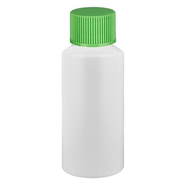 Lékárenská láhev HDPE 30ml bílá, se zeleným šroubovacím uzávěrem Lékárenská láhev HDPE 30ml bílá, se zeleným šroubovacím uzávěrem