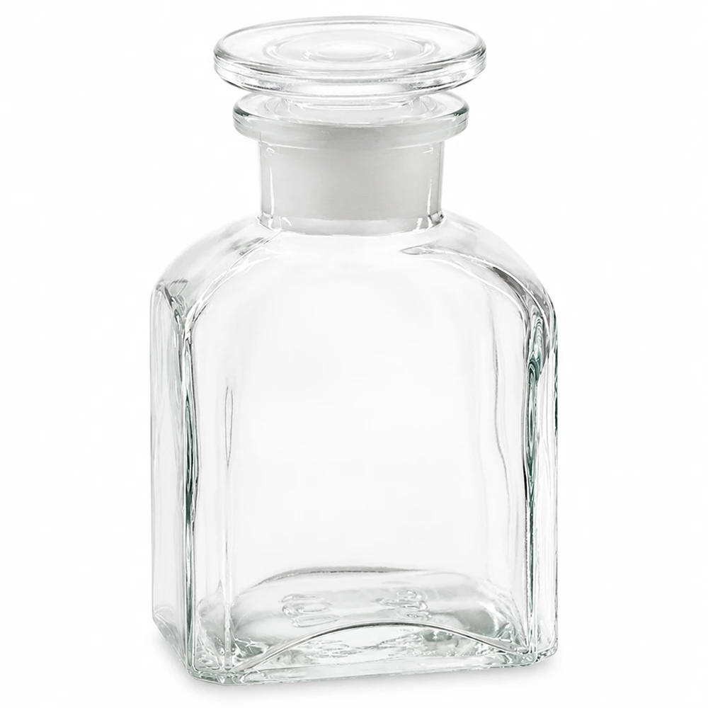 Čtvercová láhev 150ml čirá skleněná zátka se širokým hrdlem Kleine quadratische Klarglasflasche 150ml Weithals mit flachem Glasstopfen